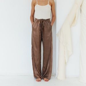 Satin high waist, straight leg, brown stripe pants